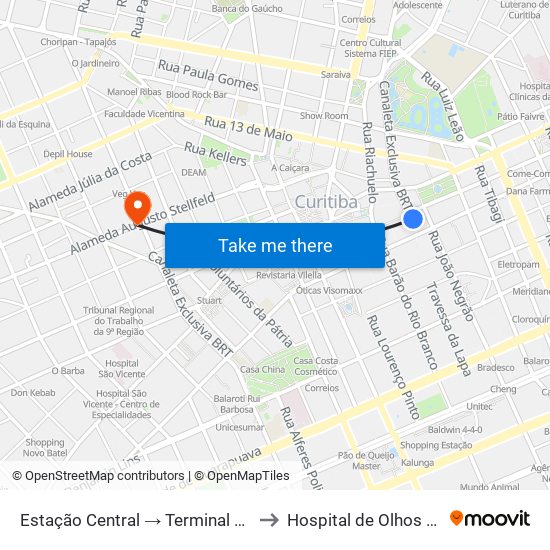 Estação Central → Terminal Santa Cândida to Hospital de Olhos do Paraná map
