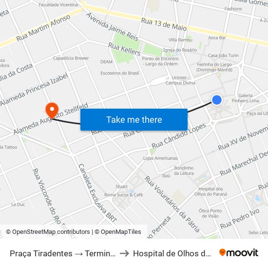 Praça Tiradentes → Terminal Pinhais to Hospital de Olhos do Paraná map