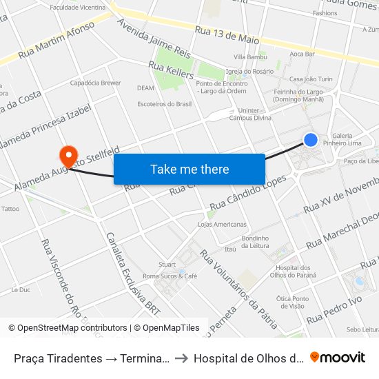 Praça Tiradentes → Terminal Bairro Alto to Hospital de Olhos do Paraná map