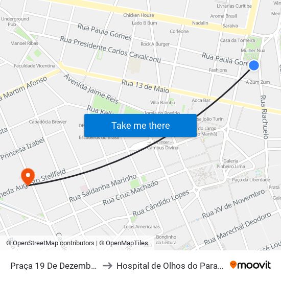 Praça 19 De Dezembro to Hospital de Olhos do Paraná map