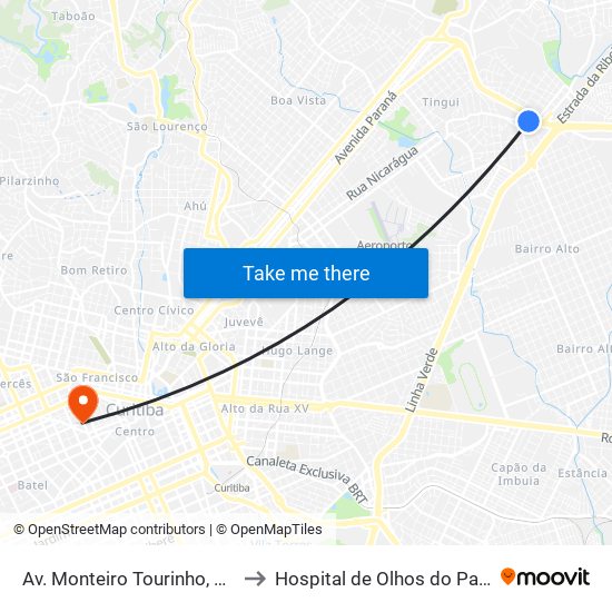 Av. Monteiro Tourinho, 1599 to Hospital de Olhos do Paraná map
