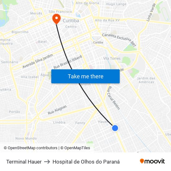 Terminal Hauer to Hospital de Olhos do Paraná map