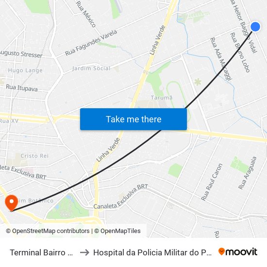 Terminal Bairro Alto to Hospital da Policia Militar do	Paraná map