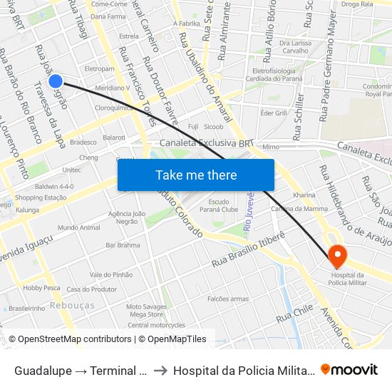 Guadalupe → Terminal Pinheirinho to Hospital da Policia Militar do	Paraná map