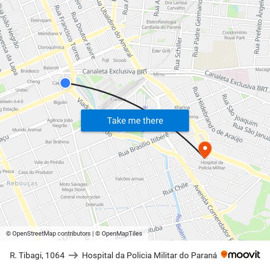 R. Tibagi, 1064 to Hospital da Policia Militar do	Paraná map