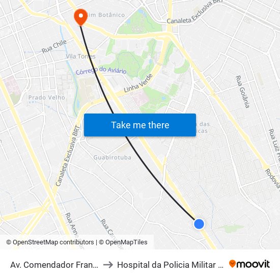 Av. Comendador Franco, 4700 to Hospital da Policia Militar do	Paraná map