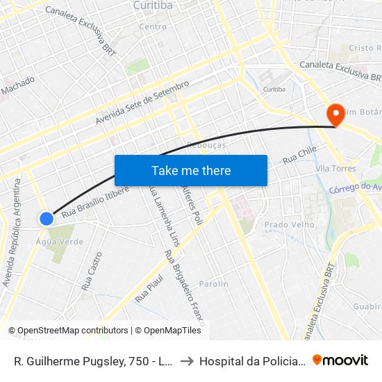 R. Guilherme Pugsley, 750 - Largo Doutor Acir Mullinari to Hospital da Policia Militar do	Paraná map