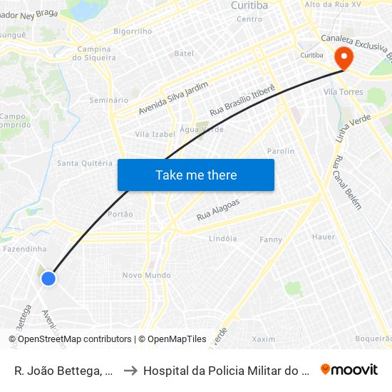 R. João Bettega, 2967 to Hospital da Policia Militar do	Paraná map