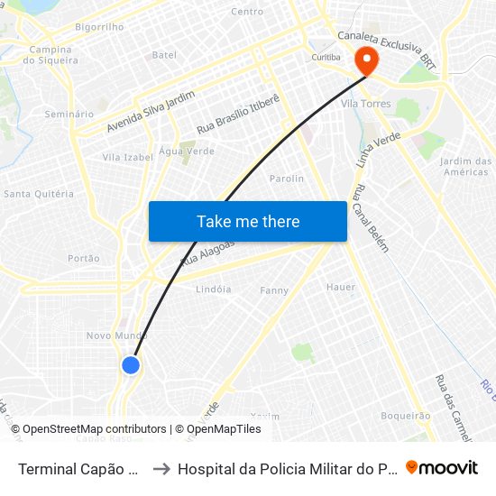 Terminal Capão Raso to Hospital da Policia Militar do	Paraná map