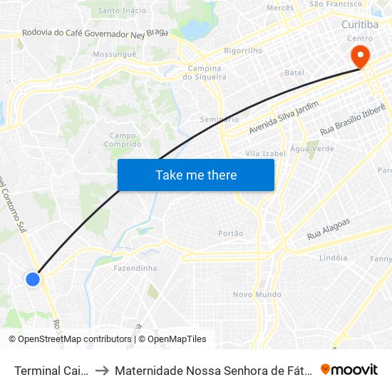 Terminal Caiuá to Maternidade Nossa Senhora de Fátima map