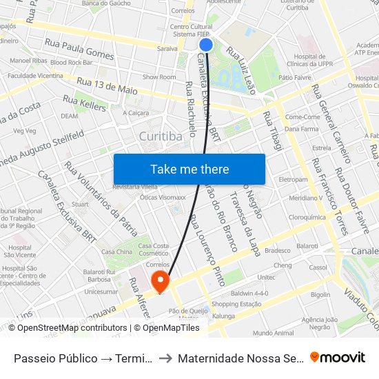 Passeio Público → Terminal Santa Cândida to Maternidade Nossa Senhora de Fátima map