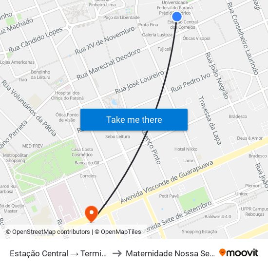 Estação Central → Terminal Santa Cândida to Maternidade Nossa Senhora de Fátima map