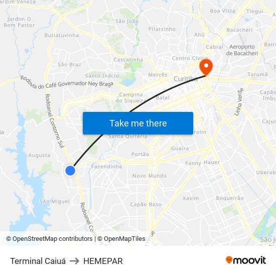 Terminal Caiuá to HEMEPAR map