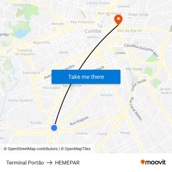 Terminal Portão to HEMEPAR map