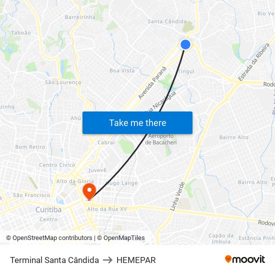 Terminal Santa Cândida to HEMEPAR map