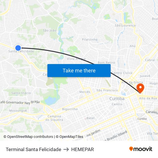 Terminal Santa Felicidade to HEMEPAR map