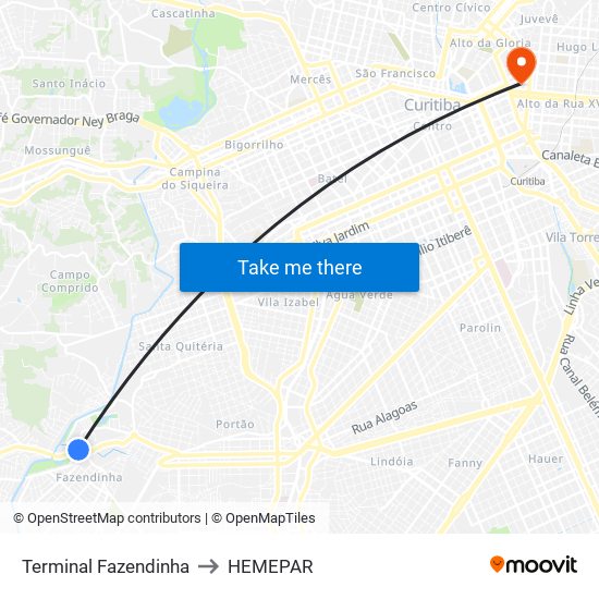 Terminal Fazendinha to HEMEPAR map