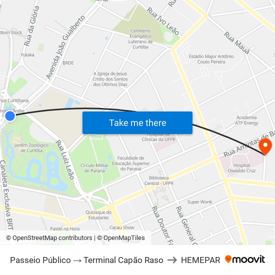 Passeio Público → Terminal Capão Raso to HEMEPAR map