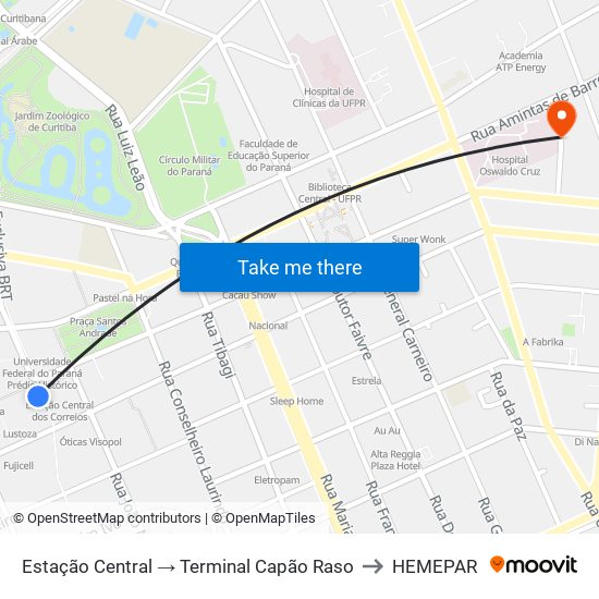 Estação Central → Terminal Capão Raso to HEMEPAR map