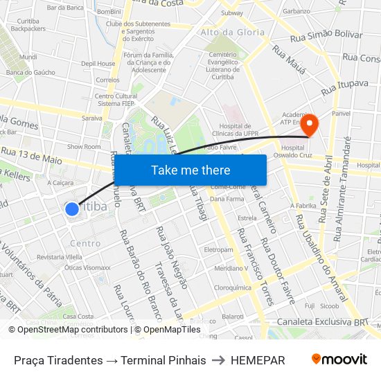 Praça Tiradentes to HEMEPAR map