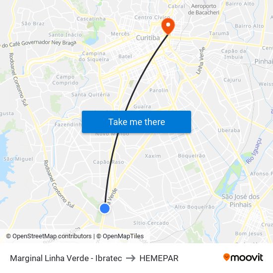 Marginal Linha Verde - Ibratec to HEMEPAR map