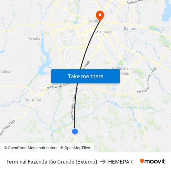Terminal Fazenda Rio Grande (Externo) to HEMEPAR map