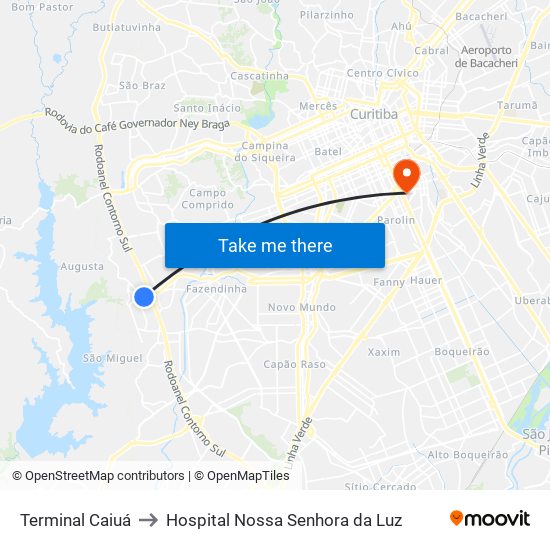 Terminal Caiuá to Hospital Nossa Senhora da Luz map