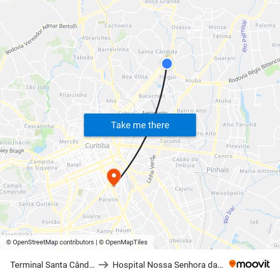 Terminal Santa Cândida to Hospital Nossa Senhora da Luz map