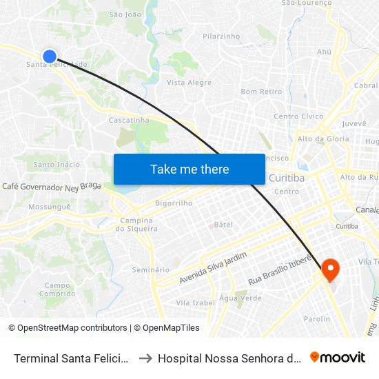 Terminal Santa Felicidade to Hospital Nossa Senhora da Luz map