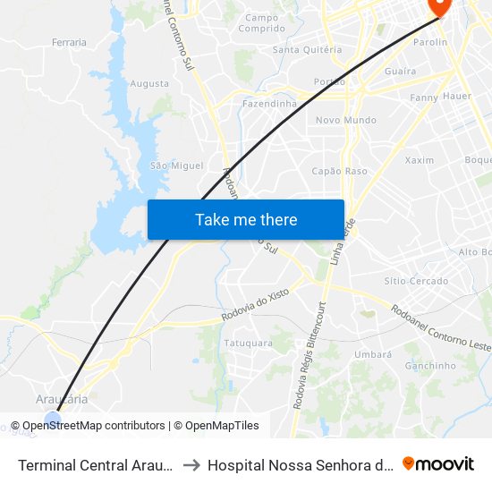 Terminal Central Araucária to Hospital Nossa Senhora da Luz map