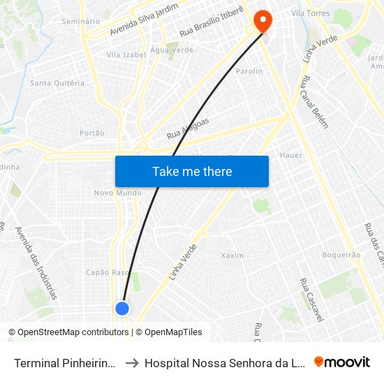 Terminal Pinheirinho to Hospital Nossa Senhora da Luz map