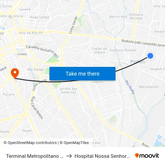Terminal Metropolitano Pinhais to Hospital Nossa Senhora da Luz map