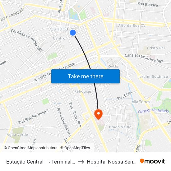 Estação Central → Terminal Santa Cândida to Hospital Nossa Senhora da Luz map