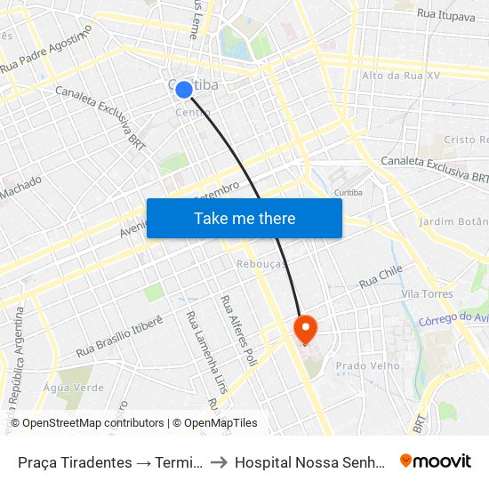 Praça Tiradentes → Terminal Pinhais to Hospital Nossa Senhora da Luz map