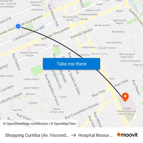 Shopping Curitiba (Av. Visconde De Guarapuava, 3850) to Hospital Nossa Senhora da Luz map
