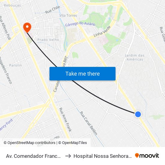 Av. Comendador Franco, 4700 to Hospital Nossa Senhora da Luz map