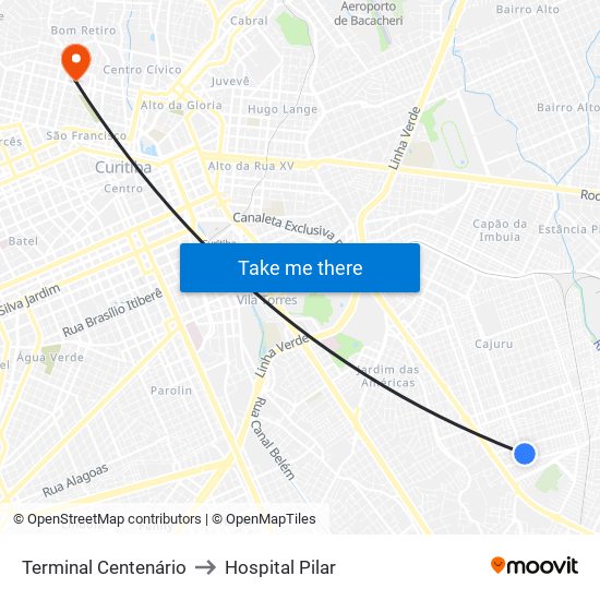 Terminal Centenário to Hospital Pilar map