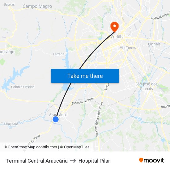 Terminal Central Araucária to Hospital Pilar map