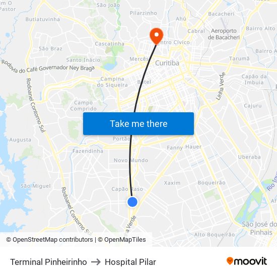 Terminal Pinheirinho to Hospital Pilar map