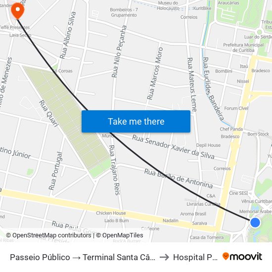 Passeio Público → Terminal Santa Cândida to Hospital Pilar map