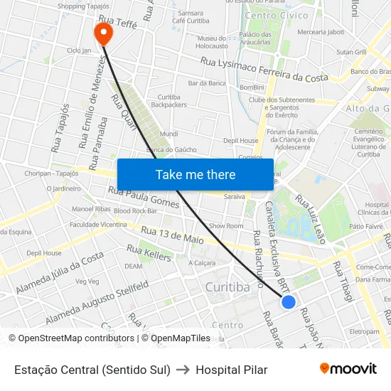 Estação Central (Sentido Sul) to Hospital Pilar map