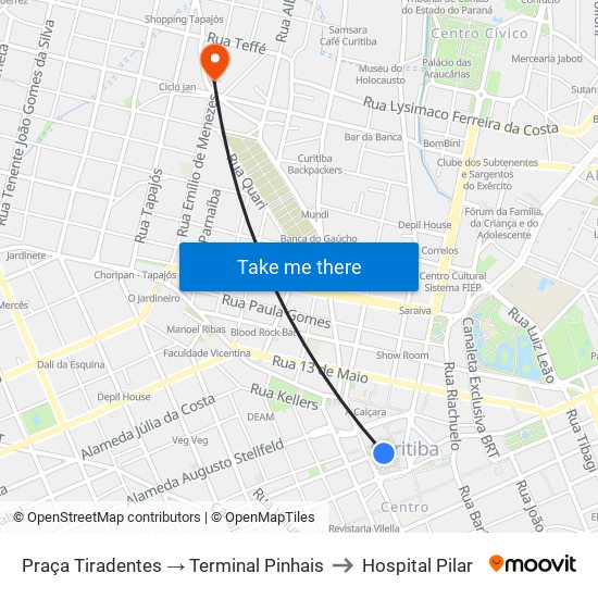 Praça Tiradentes → Terminal Pinhais to Hospital Pilar map