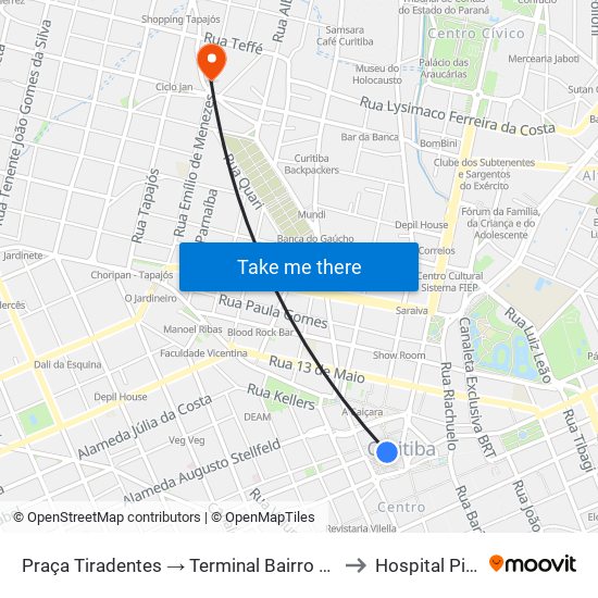Praça Tiradentes → Terminal Bairro Alto to Hospital Pilar map