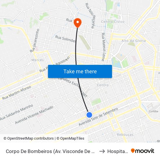 Corpo De Bombeiros (Av. Visconde De Guarapuava, 3571) to Hospital Pilar map