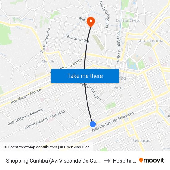 Shopping Curitiba (Av. Visconde De Guarapuava, 3850) to Hospital Pilar map