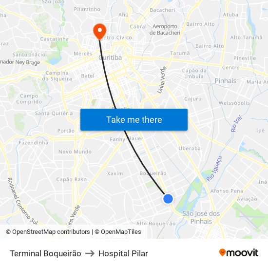 Terminal Boqueirão to Hospital Pilar map