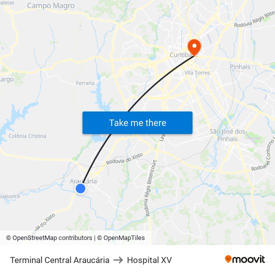 Terminal Central Araucária to Hospital XV map