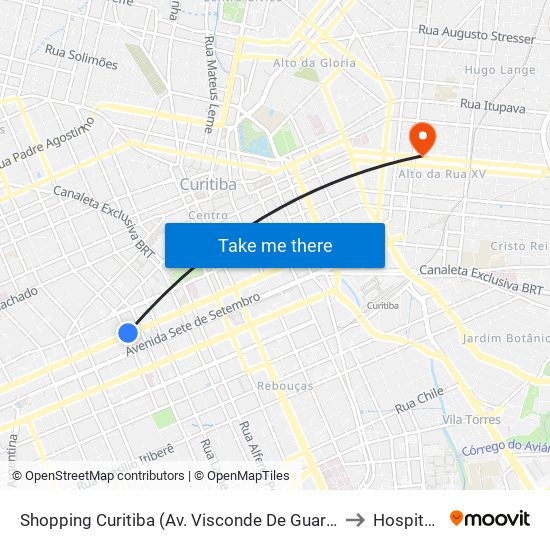 Shopping Curitiba (Av. Visconde De Guarapuava, 3850) to Hospital XV map