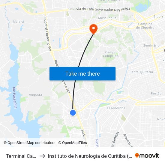 Terminal Caiuá to Instituto de Neurologia de Curitiba (INC) map