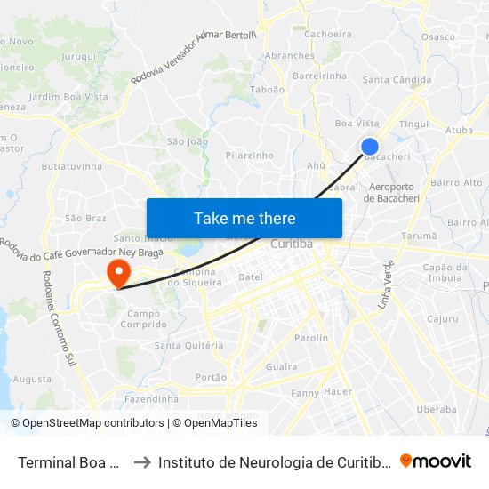 Terminal Boa Vista to Instituto de Neurologia de Curitiba (INC) map